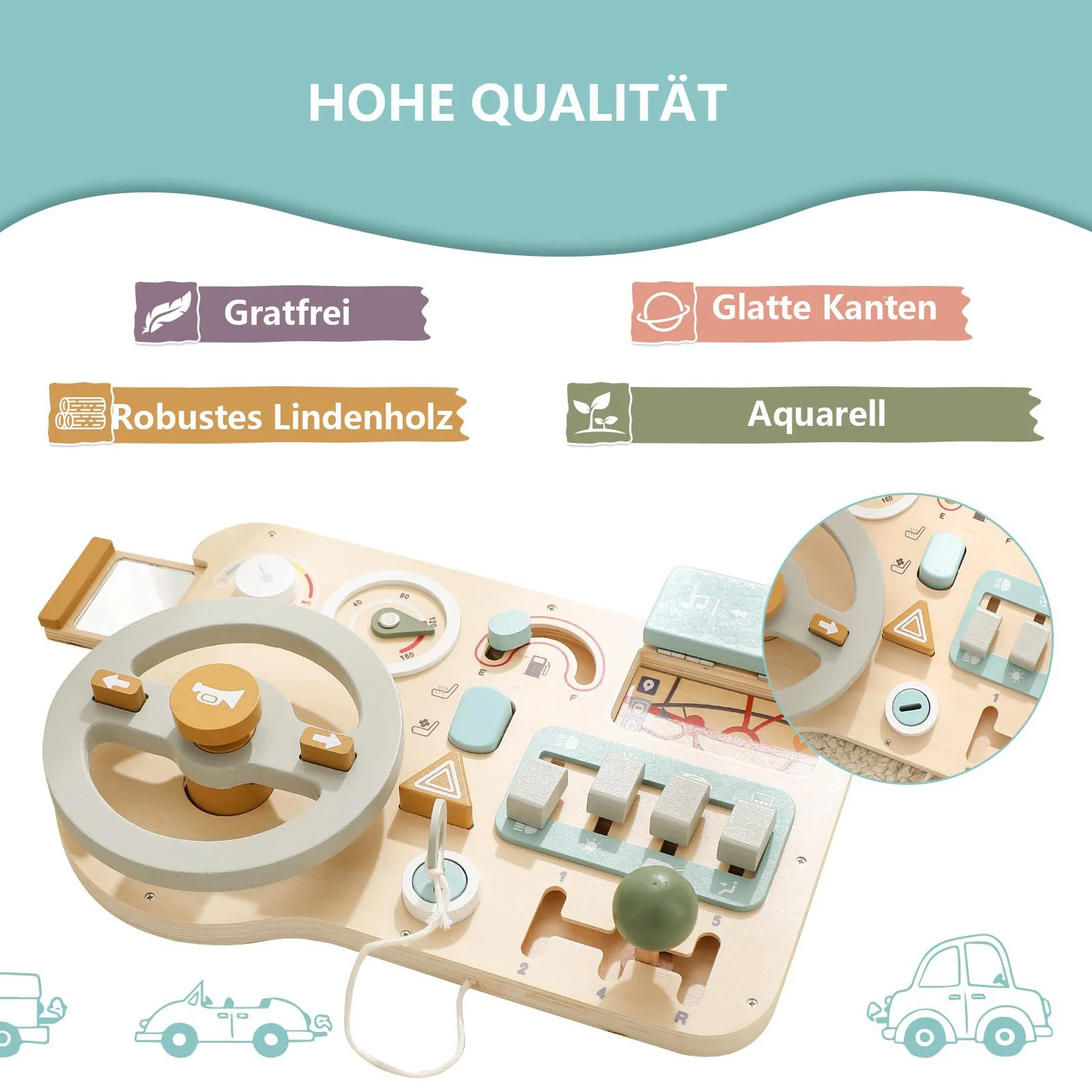CLTYQ Montessori Motorikbrett Busy Board mit Lenkrad für Kinder