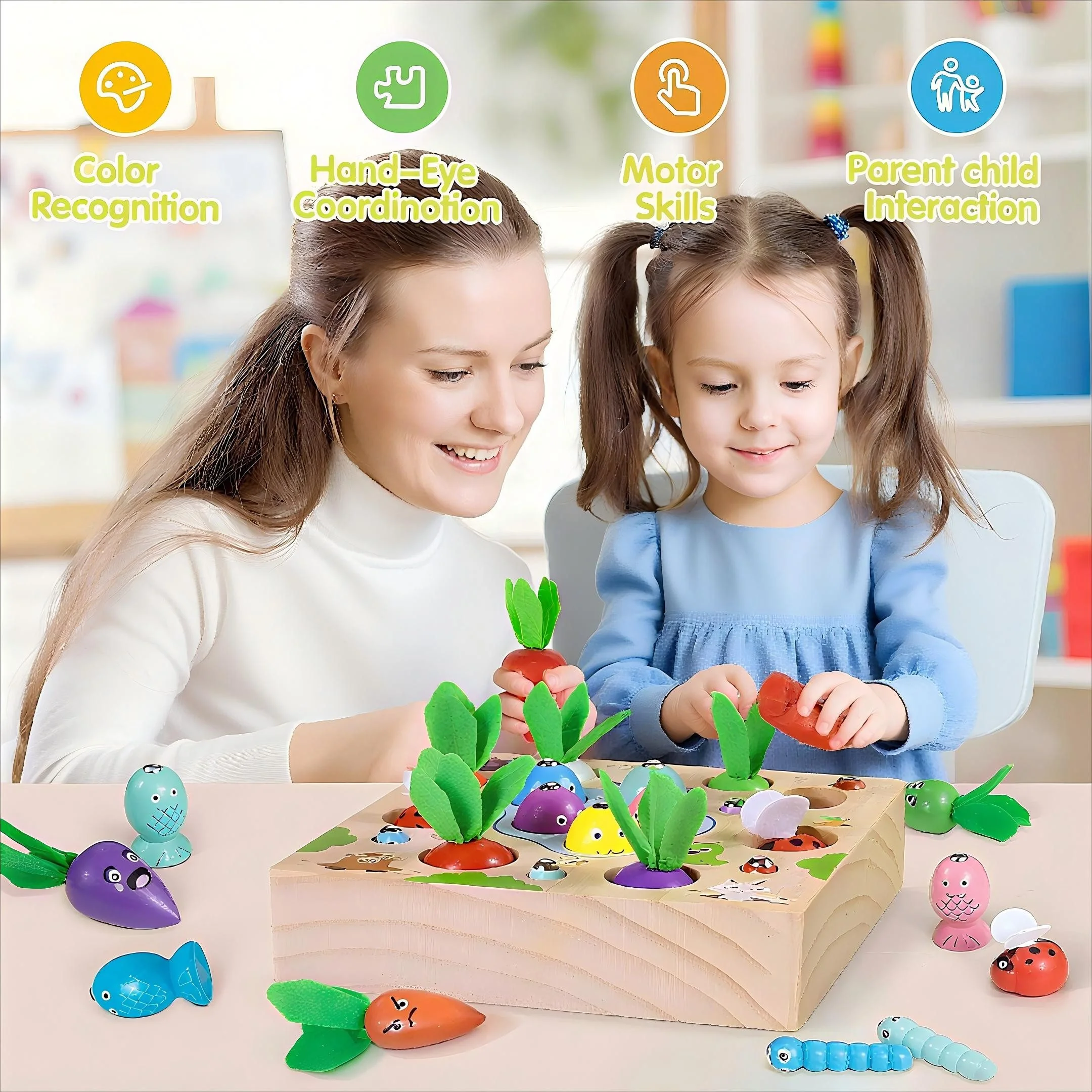 POPOLIC Montessori Holz Karotten Steckspiel und magnetisches Angelspiel