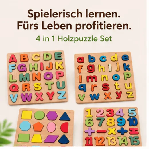 WHITE FOX STUDIO Montessori Steckpuzzle 4er Set Holz ABC Zahlen Formen