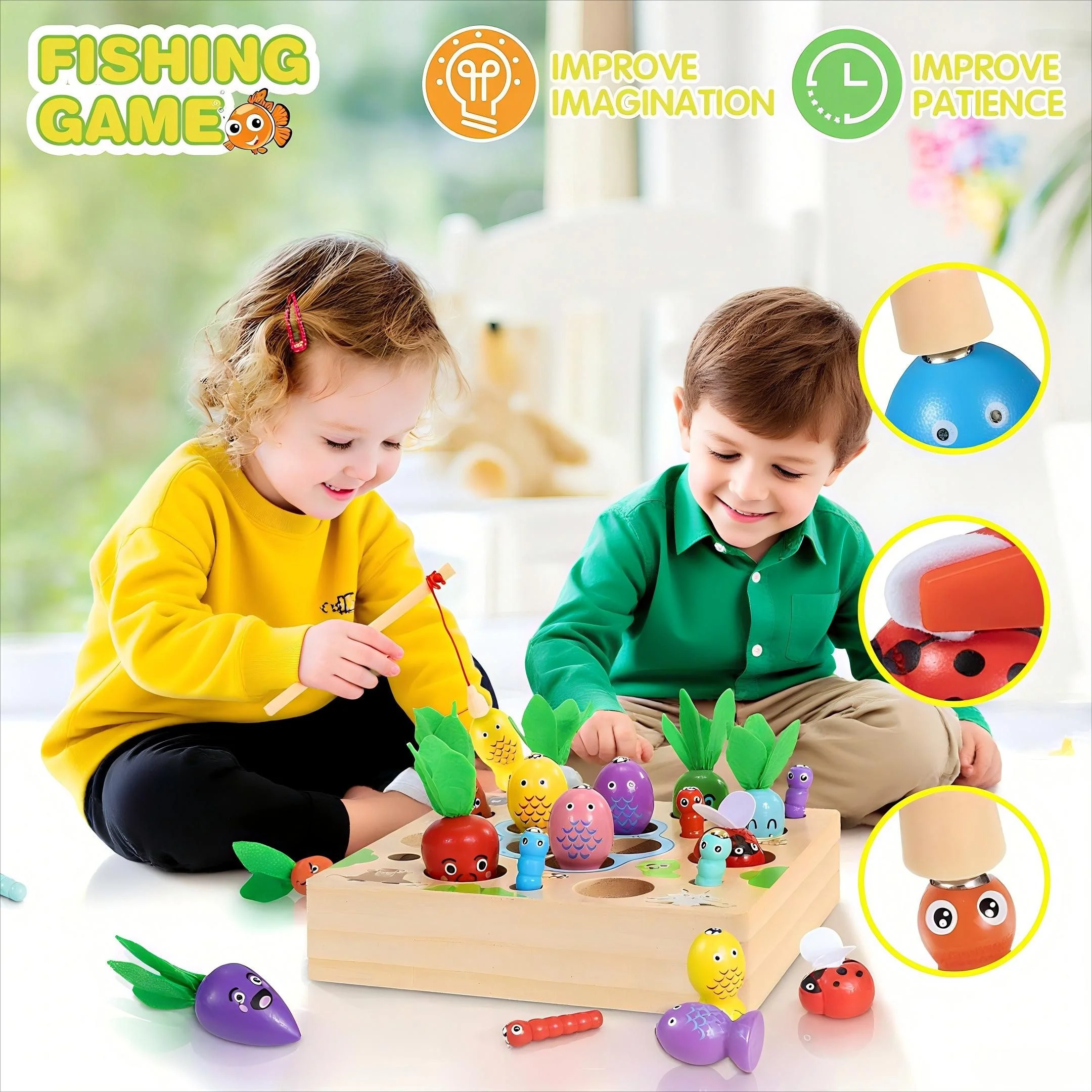 POPOLIC Montessori Holz Karotten Steckspiel und magnetisches Angelspiel