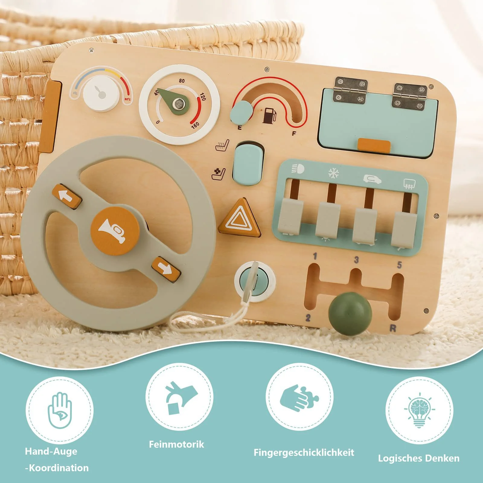 CLTYQ Montessori Motorikbrett Busy Board mit Lenkrad für Kinder