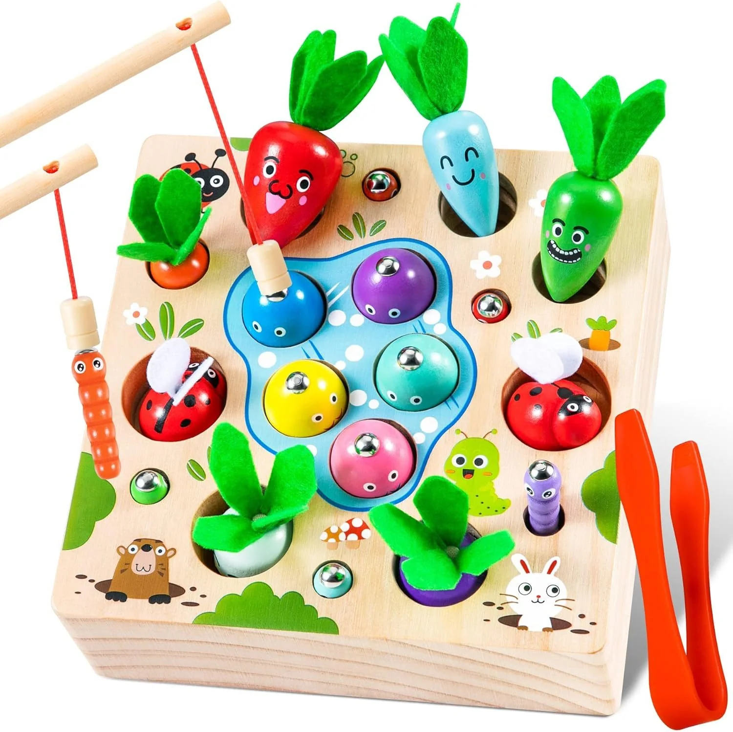 POPOLIC Montessori Holz Karotten Steckspiel und magnetisches Angelspiel