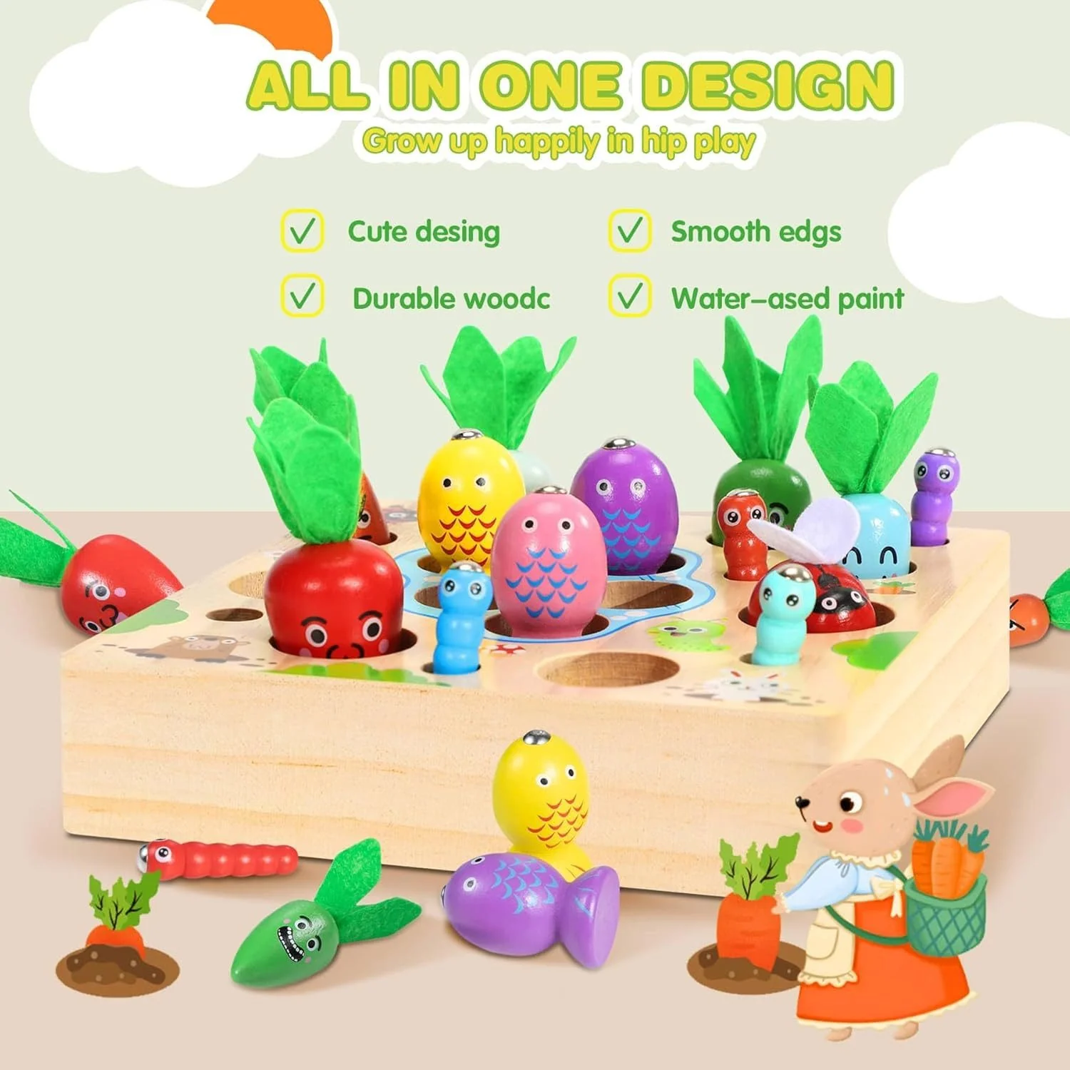 POPOLIC Montessori Holz Karotten Steckspiel und magnetisches Angelspiel