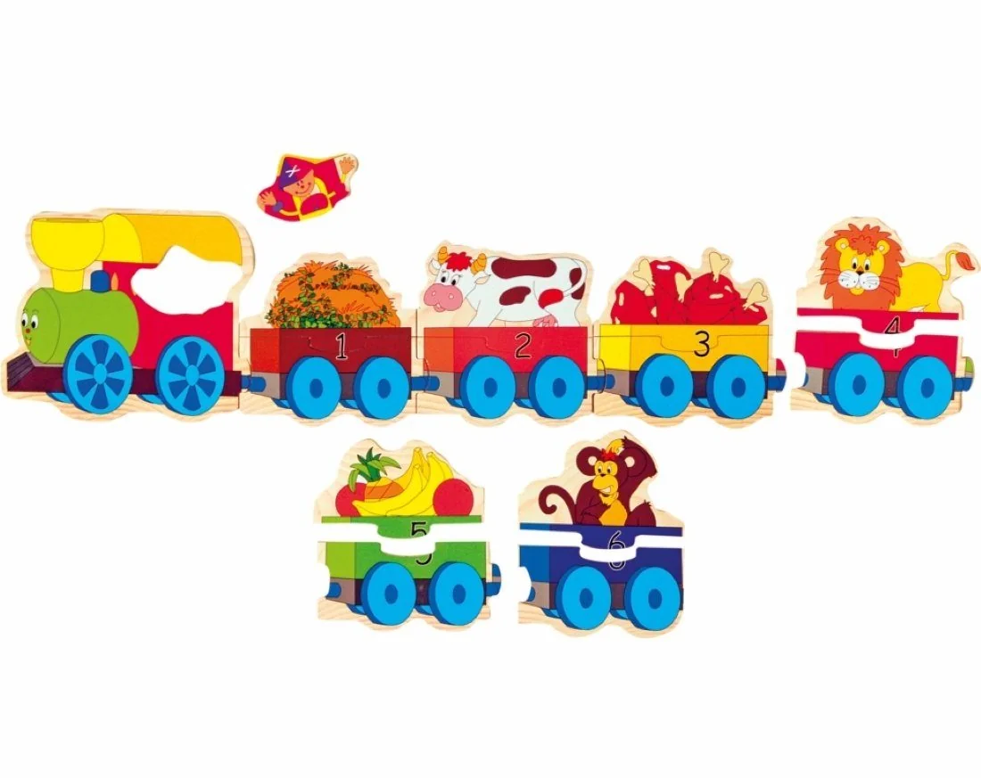 WOODYLAND Lernspielzeug Holzpuzzle 93102 Zahlen Zug Tiere Futter