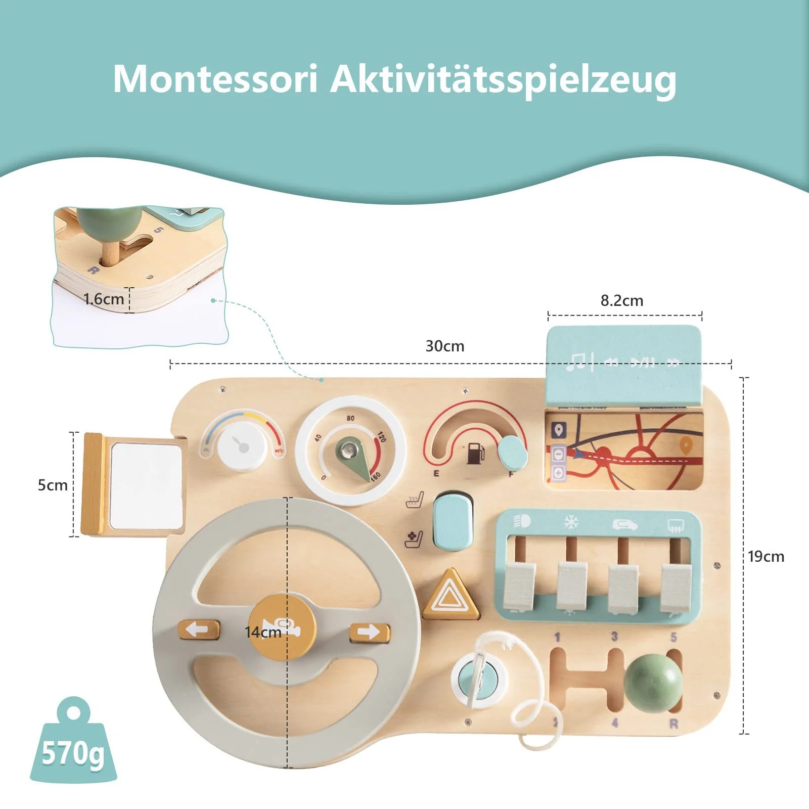 CLTYQ Montessori Motorikbrett Busy Board mit Lenkrad für Kinder